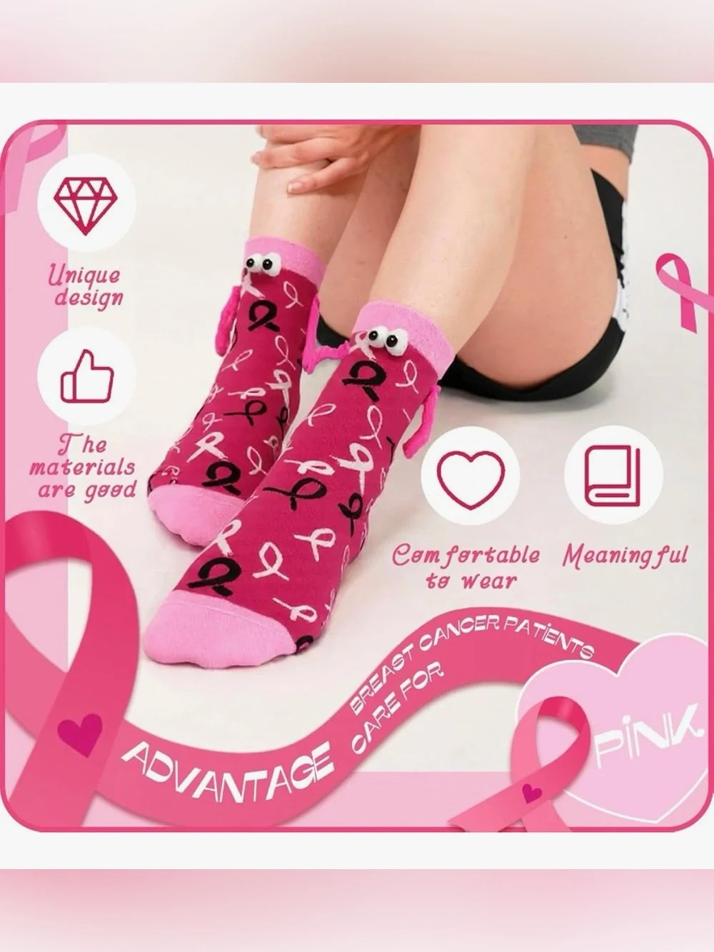 Cute Funny Pink Ribbon Breast Cancer Awareness Crew Socks - 2 Pair - Magnetic